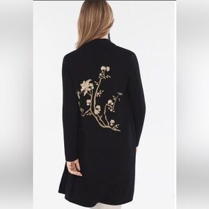 Chico’s Long open knit Cardigan Black & Gold Metallic Floral Embroidery size M